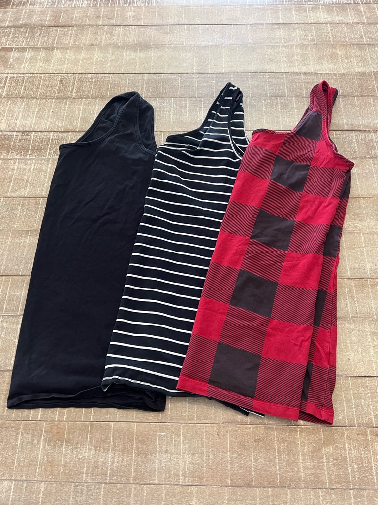 3-Pack Sleeveless Tank Dresses - Black, Black/White Stripe, Red Buffalo Plaid